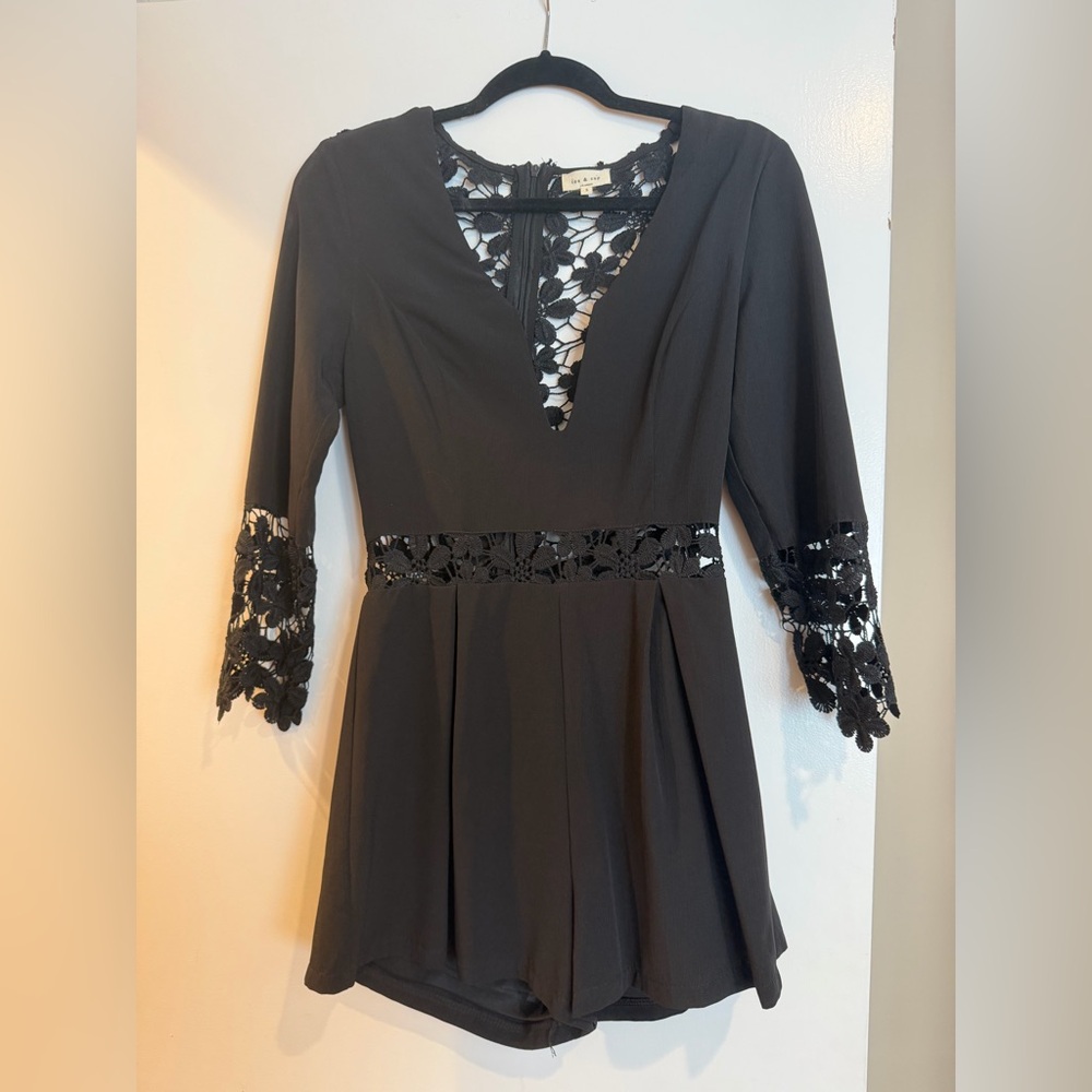 Black Lace-Trim V-Neck Romper